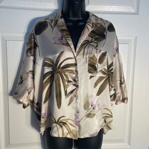 Vince Tropical Garden Silk Pajama Shirt Women S Pale Alder Floral Short Sleeve